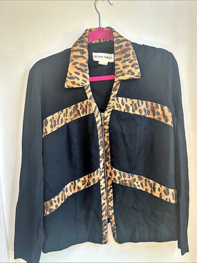 Betsy’s Things Leopard Trim Zip Blouse Black & Brown Medium